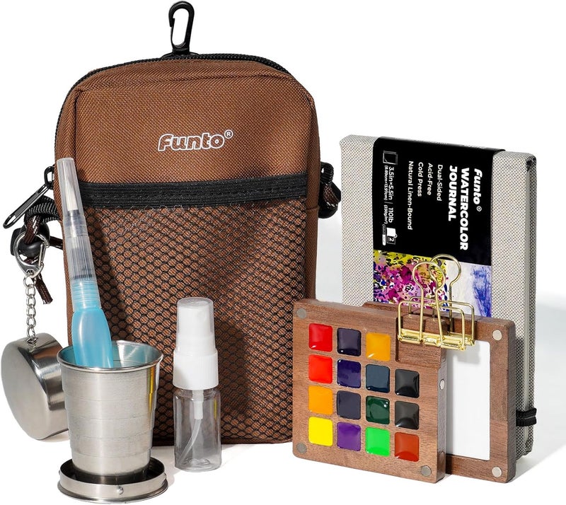 Funto Mini Watercolor Paint Set, All-in-One Walnut Wood 15-Color Premium Pocket Travel Paint Kit, with Crossbody Bag,Watercolor Journal, Metal Clip, Paint Water Cup, Water Brush Ideal for Art Lovers - Image 1